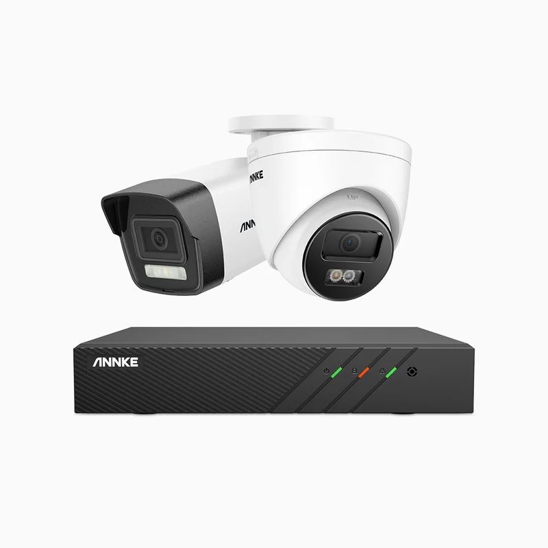 H500P - Kit videosorveglianza PoE 8 canali 3K, 1 telecamera bullet e 1 telecamera turret, visione notturna a colori e IR, 3072 × 1728 @ 20 fps, Rilevamento di persone e veicoli, Audio bidirezionale, IP67