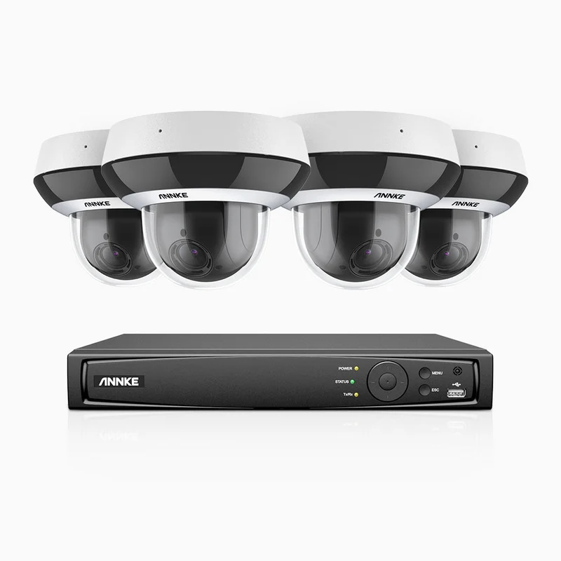 HZ504P - Kit videosorveglianza PoE PTZ 8 canali con 4 telecamere 3K, Zoom Ottico 4X, 3072 × 1728 a 30 FPS, Visione Notturna a Colori, Rilevamento di Persone e Veicoli, Audio Bidirezionale, Antivandalo IK10