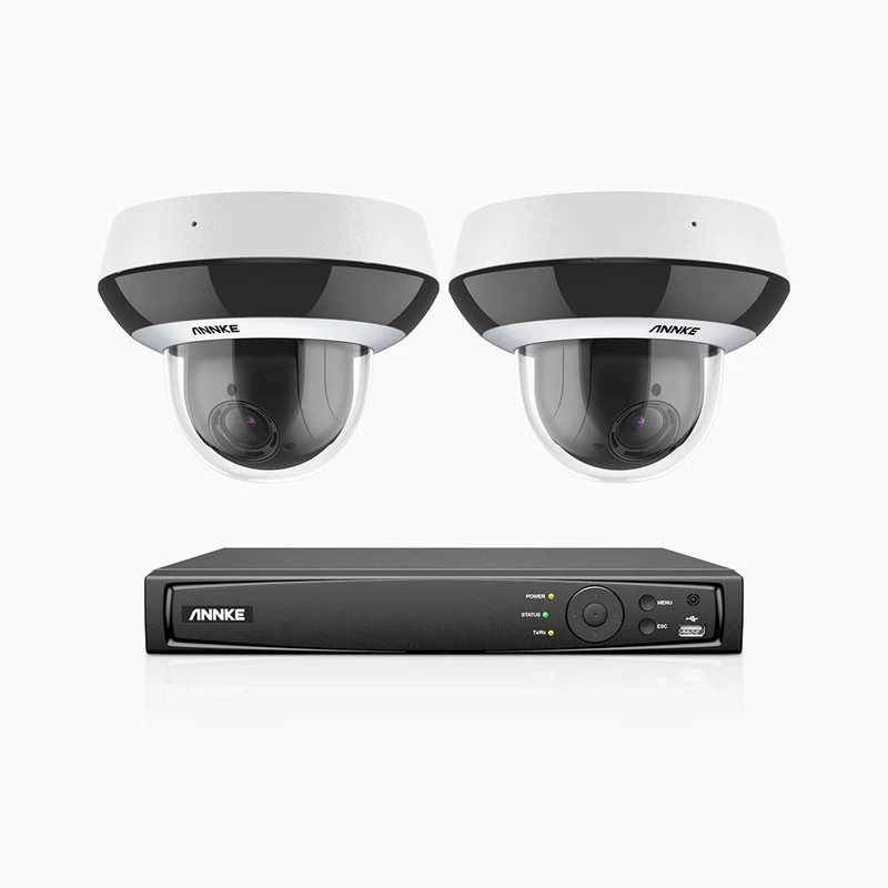 HZ504P - Kit videosorveglianza PoE PTZ 8 canali con 2 telecamere 3K, Zoom Ottico 4X, 3072 × 1728 a 30 FPS, Visione Notturna a Colori, Rilevamento di Persone e Veicoli, Audio Bidirezionale, Antivandalo IK10