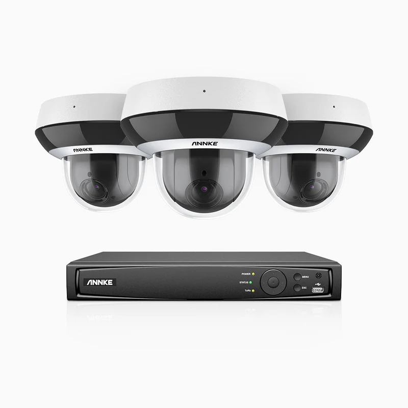 HZ504P - Kit videosorveglianza PoE PTZ 8 canali con 3 telecamere 3K, Zoom Ottico 4X, 3072 × 1728 a 30 FPS, Visione Notturna a Colori, Rilevamento di Persone e Veicoli, Audio Bidirezionale, Antivandalo IK10