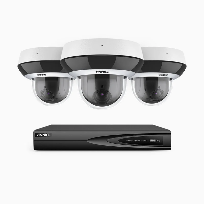 HZ504P - Kit videosorveglianza PoE PTZ 4 canali con 3 telecamere 3K, Zoom Ottico 4X, 3072 × 1728 a 30 FPS, Visione Notturna a Colori, Rilevamento di Persone e Veicoli, Audio Bidirezionale, Antivandalo IK10