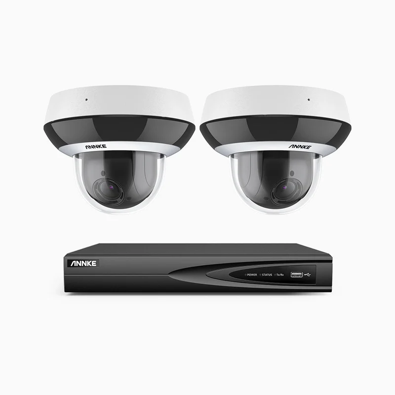 HZ504P - Kit videosorveglianza PoE PTZ 4 canali con 2 telecamere 3K, Zoom Ottico 4X, 3072 × 1728 a 30 FPS, Visione Notturna a Colori, Rilevamento di Persone e Veicoli, Audio Bidirezionale, Antivandalo IK10