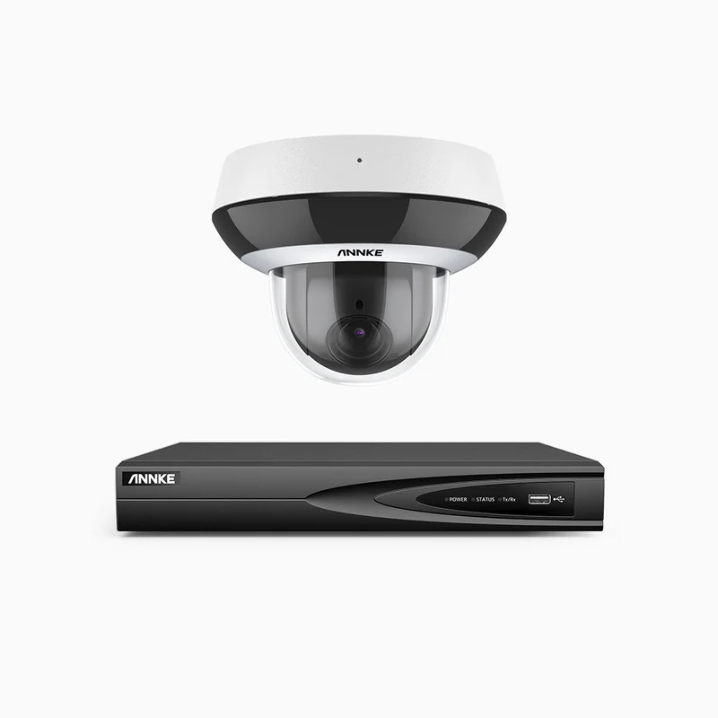 HZ504P - Kit videosorveglianza PoE PTZ 4 canali con 1 telecamera 3K, Zoom Ottico 4X, 3072 × 1728 a 30 FPS, Visione Notturna a Colori, Rilevamento di Persone e Veicoli, Audio Bidirezionale, Antivandalo IK10