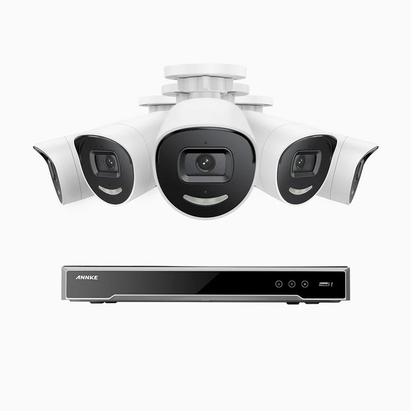 H800X - Kit videosorveglianza PoE 8 canali con 5 telecamere 4K con sensore BSI da 1/1,8'', apertura f/1,6 (0,003 Lux), sirena e allarme stroboscopico, audio bidirezionale, rilevamento di persone e veicoli, protezione perimetrale, funziona con Alexa