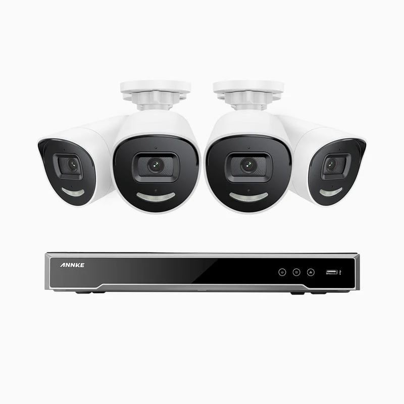 H800X - Kit videosorveglianza PoE 8 canali con 4 telecamere 4K con sensore BSI da 1/1,8'', apertura f/1,6 (0,003 Lux), sirena e allarme stroboscopico, audio bidirezionale, rilevamento di persone e veicoli, protezione perimetrale, funziona con Alexa