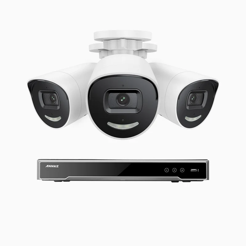 H800X - Kit videosorveglianza PoE 8 canali con 3 telecamere 4K con sensore BSI da 1/1,8'', apertura f/1,6 (0,003 Lux), sirena e allarme stroboscopico, audio bidirezionale, rilevamento di persone e veicoli, protezione perimetrale, funziona con Alexa