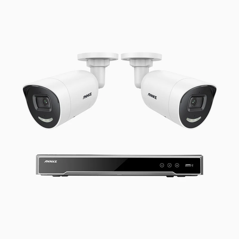 H800X - Kit videosorveglianza PoE 8 canali con 2 telecamere 4K con sensore BSI da 1/1,8'', apertura f/1,6 (0,003 Lux), sirena e allarme stroboscopico, audio bidirezionale, rilevamento di persone e veicoli, protezione perimetrale, funziona con Alexa