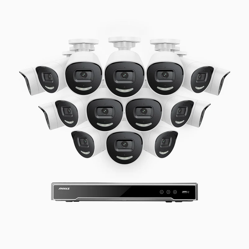 H800X - Kit videosorveglianza PoE 16 canali con 16 telecamere 4K con sensore BSI da 1/1,8'', apertura f/1,6 (0,003 Lux), sirena e allarme stroboscopico, audio bidirezionale, rilevamento di persone e veicoli, protezione perimetrale, funziona con Alexa