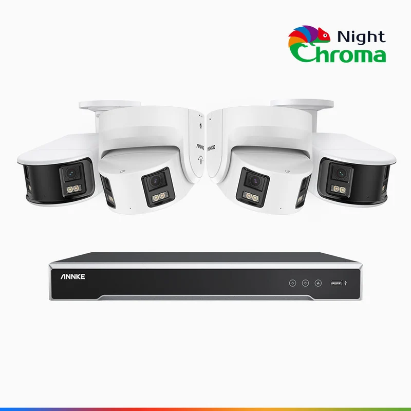 NightChroma TM NDK800 – Kit videosorveglianza 8 canali PoE Dual Lens 4K, 2 telecamere bullet e 2 telecamere turret, f/1.0 Super Aperture, Acme Color Night Vision, Active Siren and Strobe, Human & Vehicle Detection, Intelligent Behavior Analysis