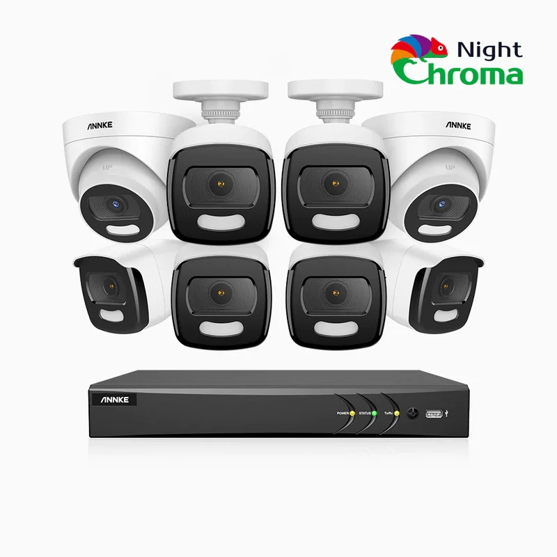 NightChroma TM NCK500 - Kit videosorveglianza di TVI 16 canali 3K, 6 telecamere bullet e 2 telecamere turret, visione notturna a colori Acme, f/1.0 Super apertura, 0.001 Lux, allineamento attivo, microfono integrato, slot scheda MicroSD