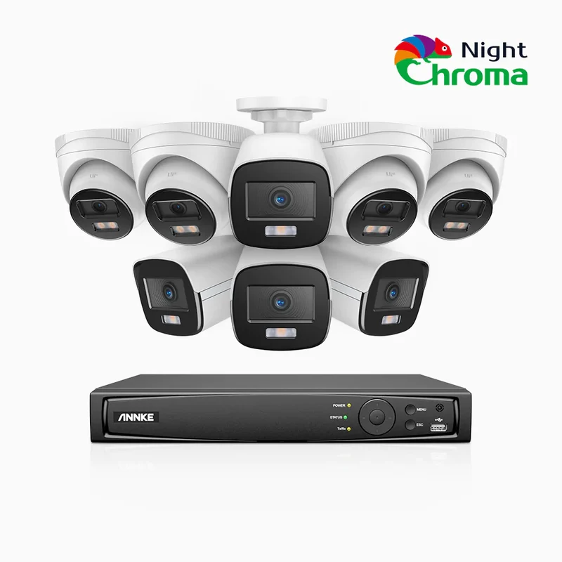 NightChroma TM NCK500 - Kit videosorveglianza PoE 16 canali 3K, 4 telecamere bullet e 4 telecamere turret, visione notturna a colori Acme, f/1.0 Super apertura, 0.001 Lux, allineamento attivo, microfono integrato, slot scheda MicroSD