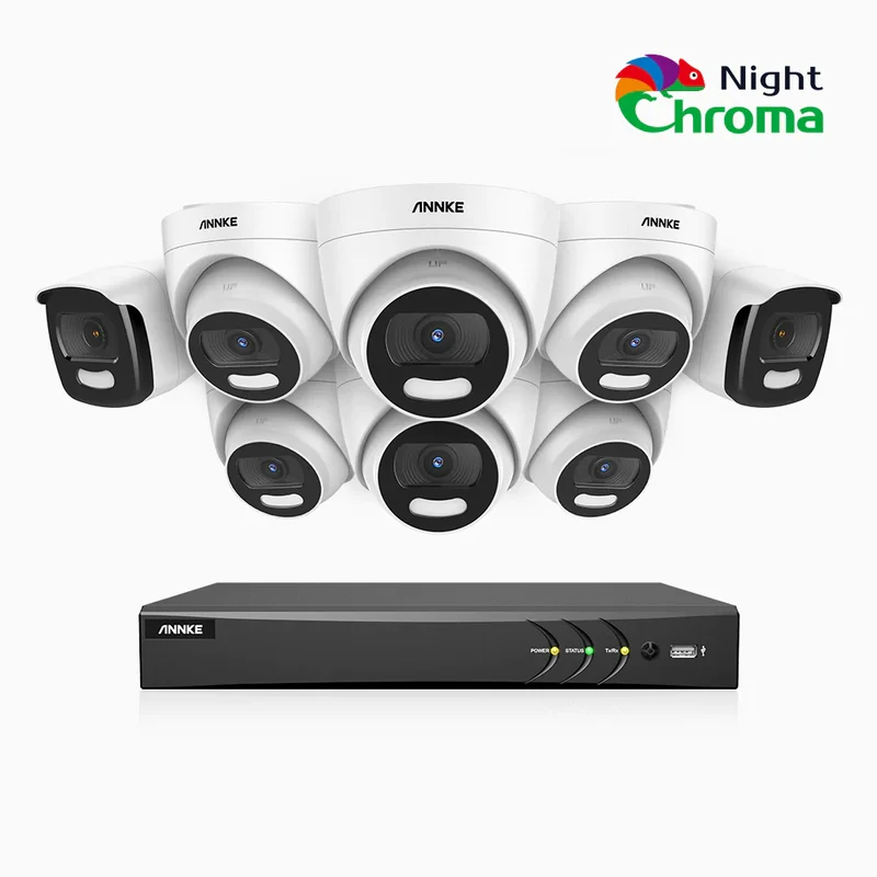 NightChroma TM NCK500 - Kit videosorveglianza PoE 16 canali 3K, 2 telecamere bullet e 6 telecamere turret, visione notturna a colori Acme, f/1.0 Super apertura, 0.001 Lux, allineamento attivo, microfono integrato, slot scheda MicroSD