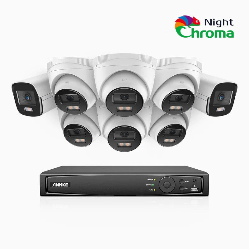 NightChroma TM NCK500 - Kit videosorveglianza PoE 8 canali 3K, 2 telecamere bullet e 6 telecamere turret, visione notturna a colori Acme, f/1.0 Super apertura, 0.001 Lux, allineamento attivo, microfono integrato, slot scheda MicroSD
