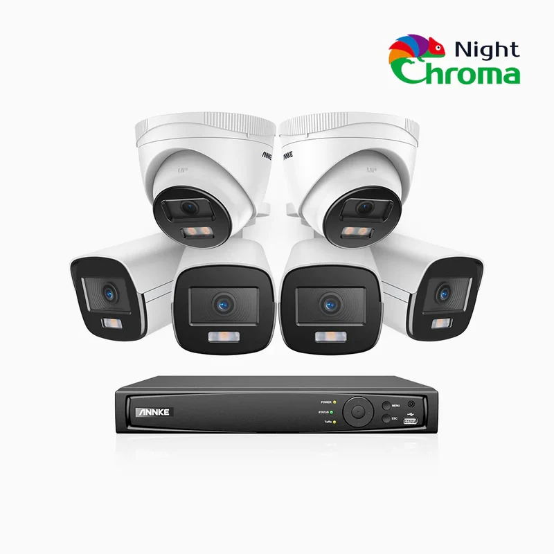 NightChroma TM NCK500 - Kit videosorveglianza PoE 8 canali 3K, 4 telecamere bullet e 2 telecamere turret, visione notturna a colori Acme, f/1.0 Super apertura, 0.001 Lux, allineamento attivo, microfono integrato, slot scheda MicroSD
