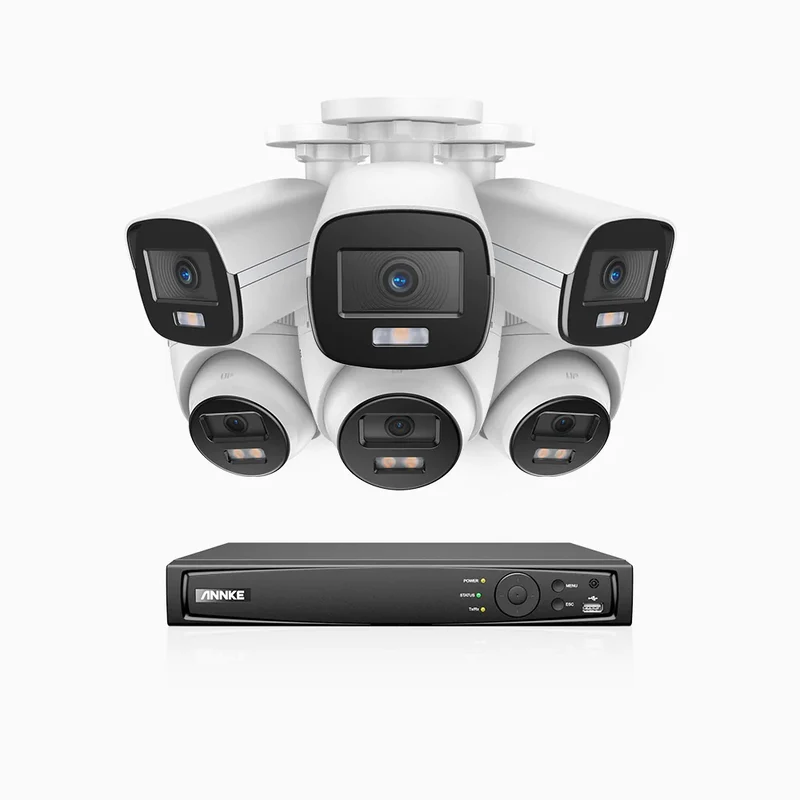NightChroma TM NCK500 - Kit videosorveglianza PoE 8 canali 3K, 3 telecamere bullet e 3 telecamere turret, visione notturna a colori Acme, f/1.0 Super apertura, 0.001 Lux, allineamento attivo, microfono integrato, slot scheda MicroSD