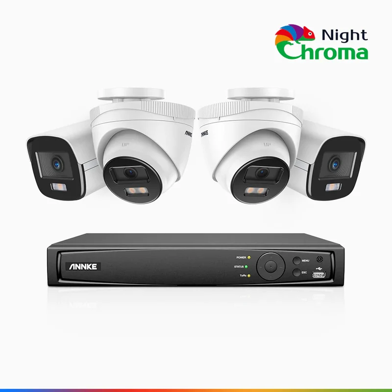 NightChroma TM NCK500 - Kit videosorveglianza PoE 8 canali 3K, 2 telecamere bullet e 2 telecamere turret, visione notturna a colori Acme, f/1.0 Super apertura, 0.001 Lux, allineamento attivo, microfono integrato, slot scheda MicroSD