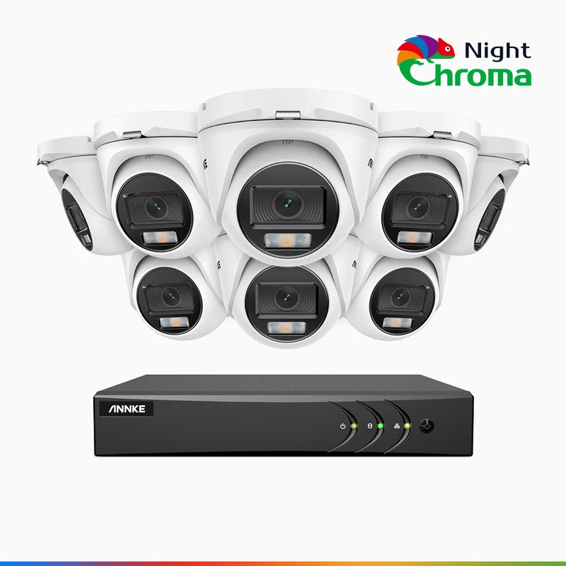 NightChroma TM NAK200 - Kit videosorveglianza 8 canali con 8 telecamere 1080p, visione notturna a colori Acme, f / 1.0 Super Apertura, 0.001 Lux, 121° FoV, Allineamento Attivo