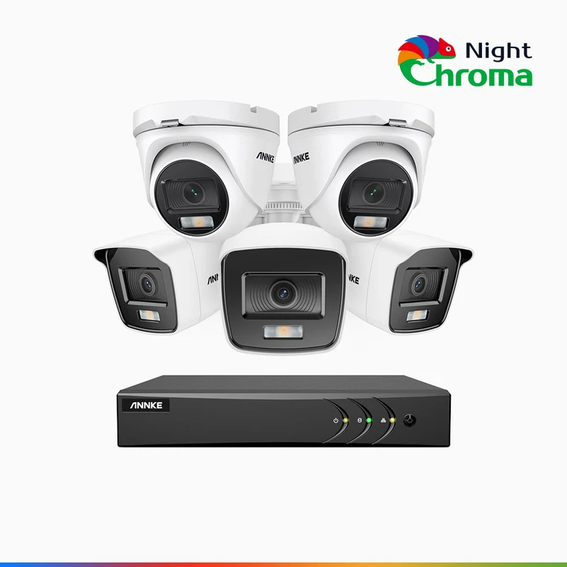 NightChroma TM NAK200 - Kit videosorveglianza 8 canali 1080p, 3 telecamere bullet e 2 telecamere turret, visione notturna a colori Acme, f / 1.0 Super Apertura, 0.001 Lux, 121° FoV, Allineamento Attivo