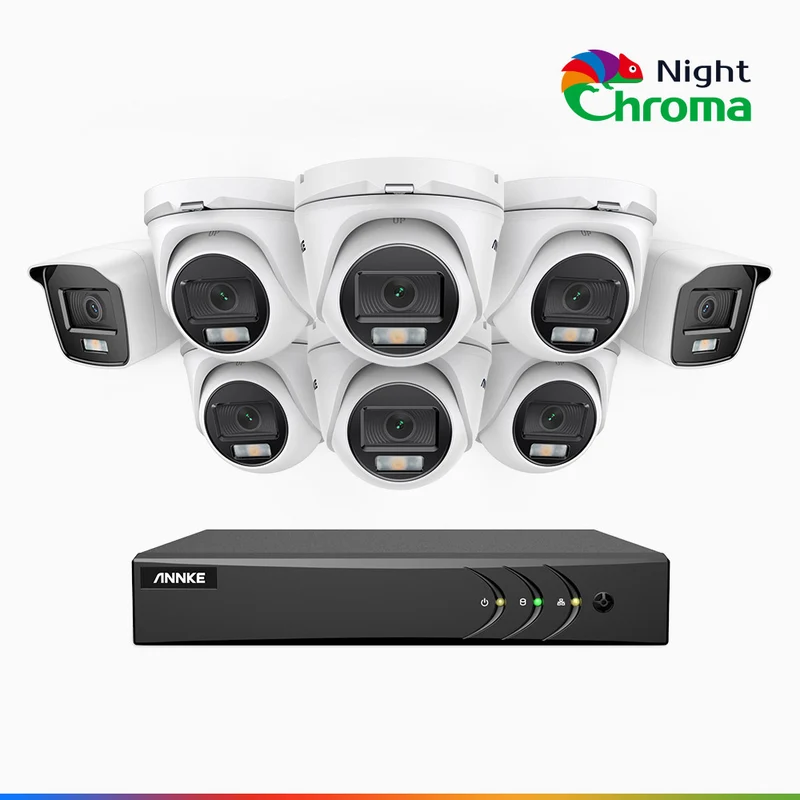 NightChroma TM NAK200 - Kit videosorveglianza 8 canali 1080p, 2 telecamere bullet e 6 telecamere turret, visione notturna a colori Acme, f / 1.0 Super Apertura, 0.001 Lux, 121° FoV, Allineamento Attivo