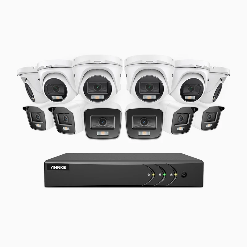 NightChroma TM NAK200 - Kit videosorveglianza 16 canali 1080p, 6 telecamere bullet e 2 telecamere turret, visione notturna a colori Acme, f / 1.0 Super Apertura, 0.001 Lux, 121° FoV, Allineamento Attivo