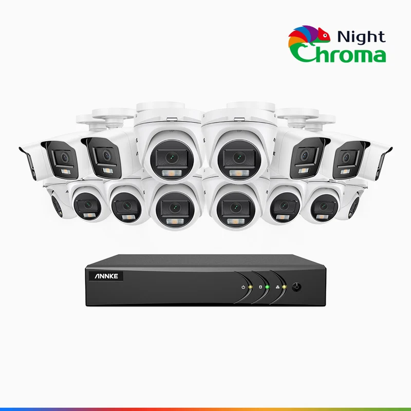 NightChroma TM NAK200 - Kit videosorveglianza 16 canali 1080p, 6 telecamere bullet e 10 telecamere turret, visione notturna a colori Acme, f / 1.0 Super Apertura, 0.001 Lux, 121° FoV, Allineamento Attivo