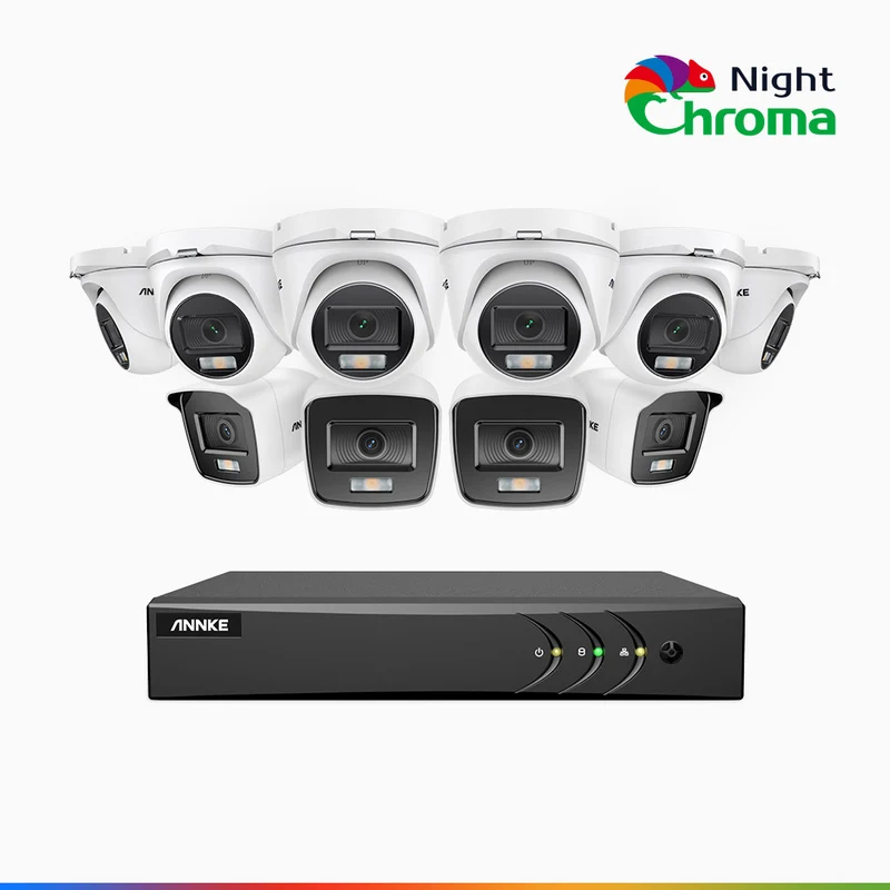 NightChroma TM NAK200 - Kit videosorveglianza 16 canali 1080p, 4 telecamere bullet e 6 telecamere turret, visione notturna a colori Acme, f / 1.0 Super Apertura, 0.001 Lux, 121° FoV, Allineamento Attivo
