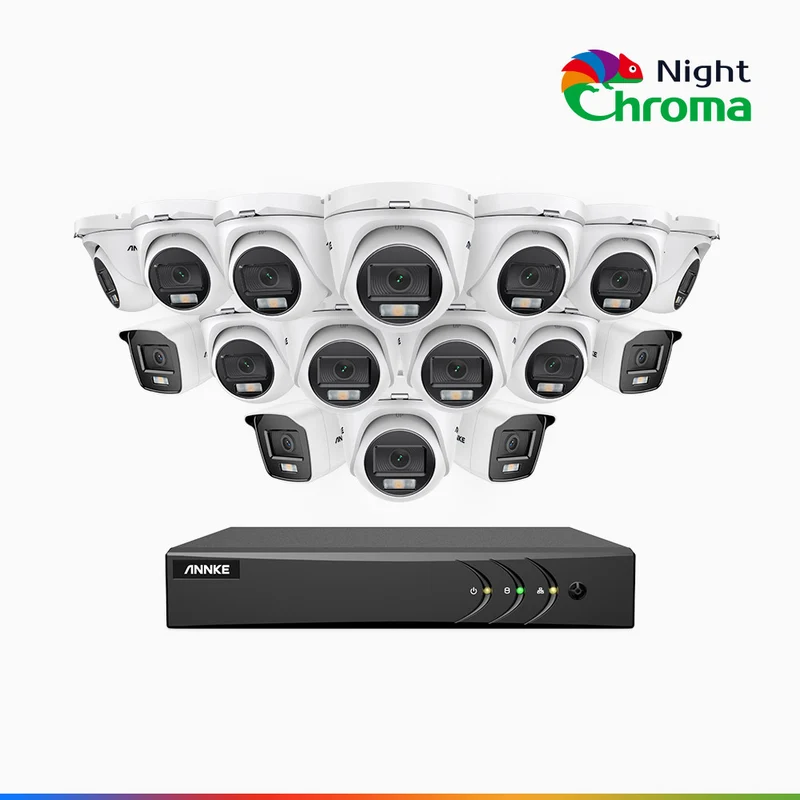 NightChroma TM NAK200 - Kit videosorveglianza 16 canali 1080p, 4 telecamere bullet e 12 telecamere turret, visione notturna a colori Acme, f / 1.0 Super Apertura, 0.001 Lux, 121° FoV, Allineamento Attivo