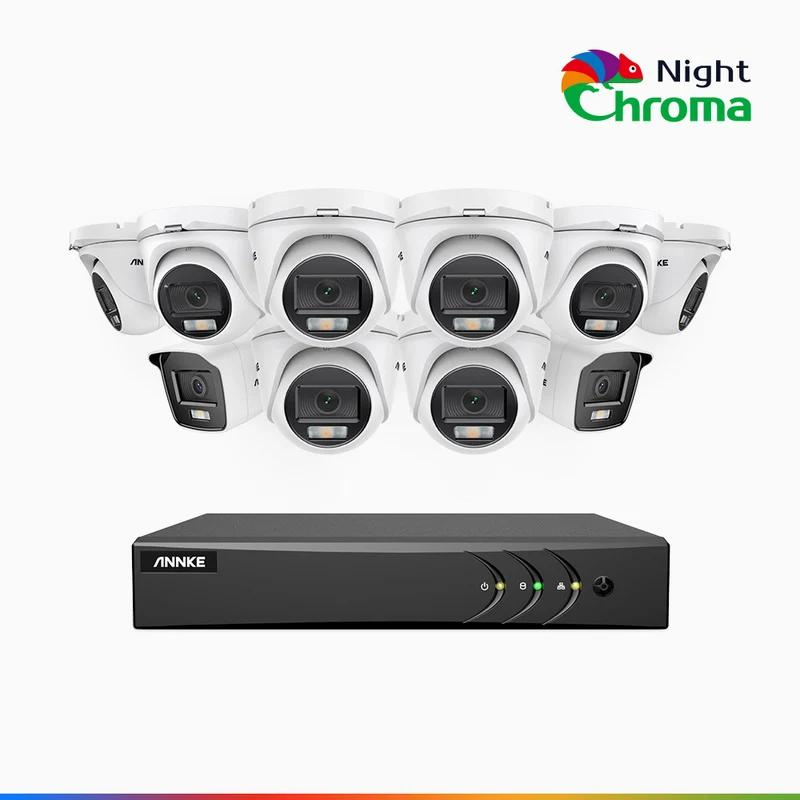 NightChroma TM NAK200 - Kit videosorveglianza 16 canali 1080p, 2 telecamere bullet e 8 telecamere turret, visione notturna a colori Acme, f / 1.0 Super Apertura, 0.001 Lux, 121° FoV, Allineamento Attivo
