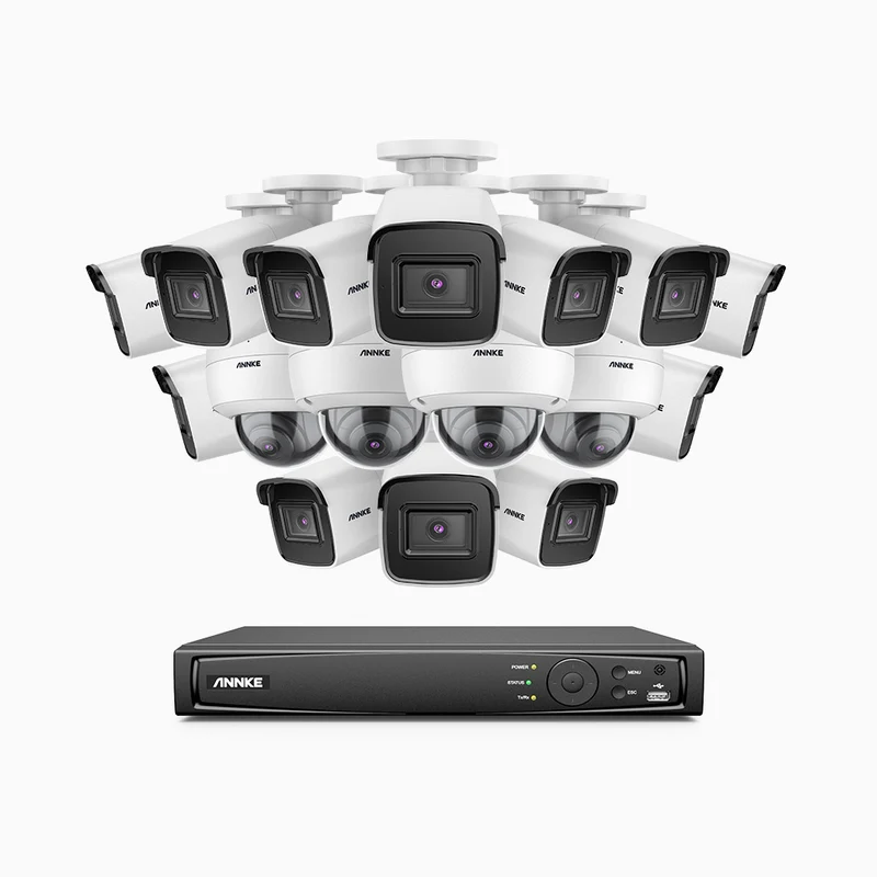 H800 - Kit videosorveglianza PoE 16 canali 8 MPX (4K), 12 telecamere bullet e 4 telecamere dome, resistente ai vandalismi IK10, visione notturna a colori e IR, microfono integrato, riconoscere di persone e veicoli, supporta ONVIF e RTSP