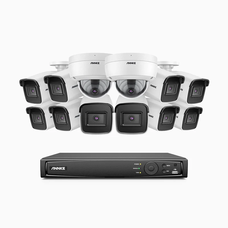 H800 - Kit videosorveglianza PoE 16 canali 8 MPX (4K), 10 telecamere bullet e 2 telecamere dome, resistente ai vandalismi IK10, visione notturna a colori e IR, microfono integrato, riconoscere di persone e veicoli, supporta ONVIF e RTSP