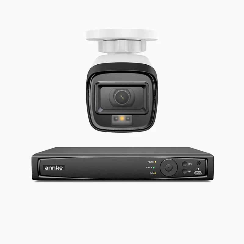 H500 - Kit videosorveglianza PoE 4 canali con 1 telecamera 5 MPX, Visione notturna intelligente a doppia luce, 3072 × 1728 @ 20 fps, rilevamento intelligente di persone e veicoli, microfono integrato, IP67