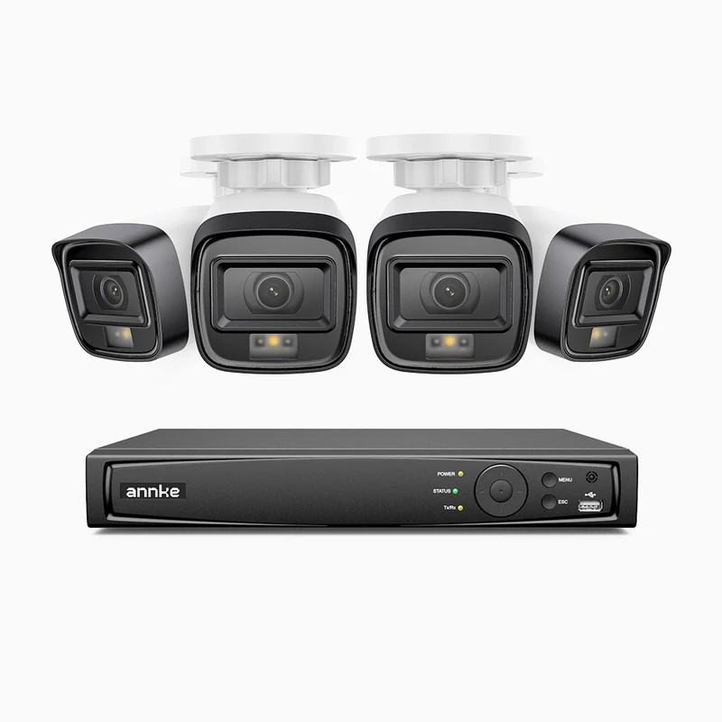 H500 - Kit videosorveglianza PoE 4 canali con 4 telecamere 5 MPX, Visione notturna intelligente a doppia luce, 3072 × 1728 @ 20 fps, rilevamento intelligente di persone e veicoli, microfono integrato, IP67