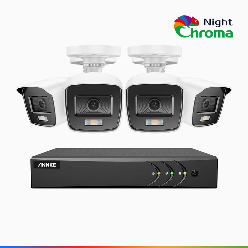NightChroma TM NAK200 - Kit videosorveglianza 8 canali con 4 telecamere 1080p, visione notturna a colori Acme, f / 1.0 Super Apertura, 0.001 Lux, 121° FoV, Allineamento Attivo