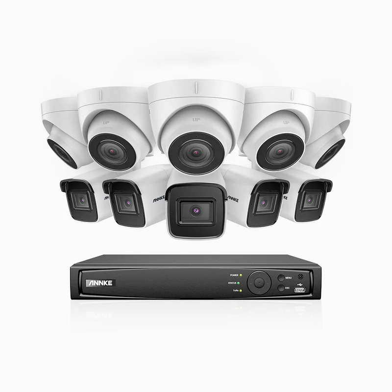 H800 - Kit videosorveglianza PoE 16 canali 8 MPX (4K), 5 telecamere bullet e 5 telecamere turret, visione notturna a colori e IR,microfono integrato, riconoscere di persone e veicoli, supporta ONVIF e RTSP