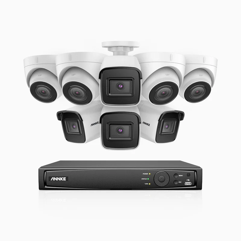 H800 - Kit videosorveglianza PoE 16 canali 8 MPX (4K), 4 telecamere bullet e 4 telecamere turret, visione notturna a colori e IR,microfono integrato, riconoscere di persone e veicoli, supporta ONVIF e RTSP
