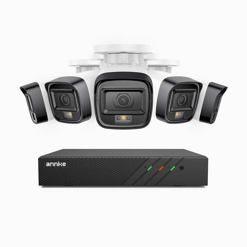 H500 - Kit videosorveglianza PoE 8 canali con 5 telecamere 5 MPX, Visione notturna intelligente a doppia luce, 3072 × 1728 @ 20 fps, rilevamento intelligente di persone e veicoli, microfono integrato, IP67