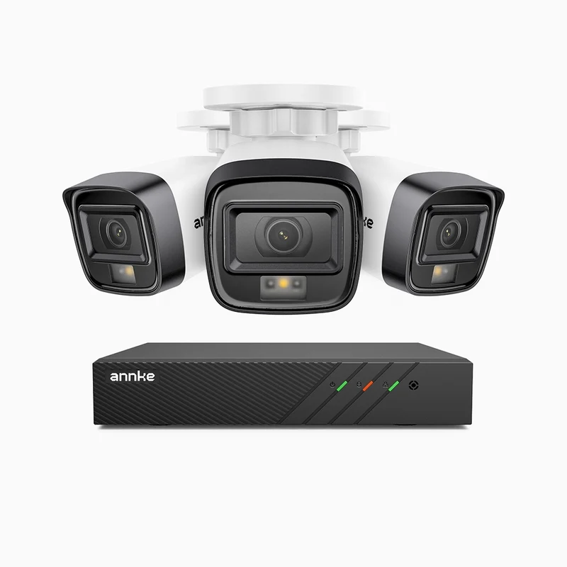 H500 - Kit videosorveglianza PoE 8 canali con 3 telecamere 5 MPX, Visione notturna intelligente a doppia luce, 3072 × 1728 @ 20 fps, rilevamento intelligente di persone e veicoli, microfono integrato, IP67