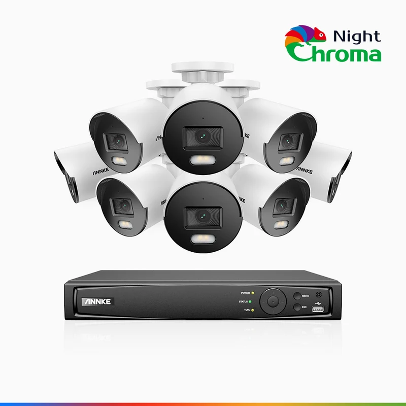 NightChroma TM NCK500 - Kit videosorveglianza PoE 8 canali con 8 telecamere 3K, visione notturna a colori Acme, f/1.0 Super apertura, 0.001 Lux, allineamento attivo, microfono integrato, slot scheda MicroSD
