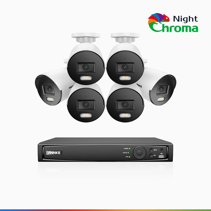 NightChroma TM NCK500 - Kit videosorveglianza PoE 8 canali con 6 telecamere 3K, visione notturna a colori Acme, f/1.0 Super apertura, 0.001 Lux, allineamento attivo, microfono integrato, slot scheda MicroSD