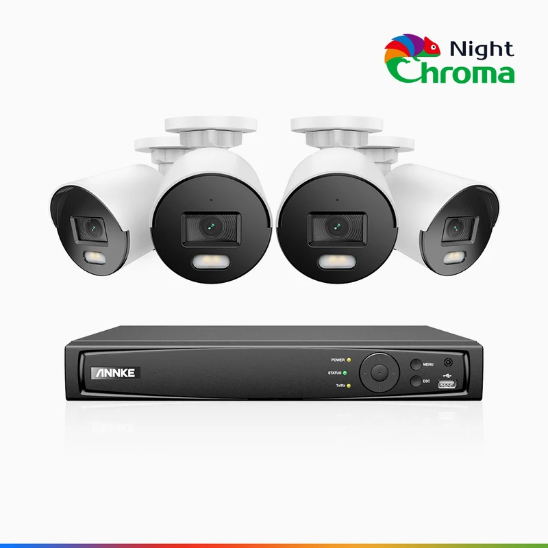 NightChroma TM NCK500 - Kit videosorveglianza PoE 8 canali con 4 telecamere 3K, visione notturna a colori Acme, f/1.0 Super apertura, 0.001 Lux, allineamento attivo, microfono integrato, slot scheda MicroSD