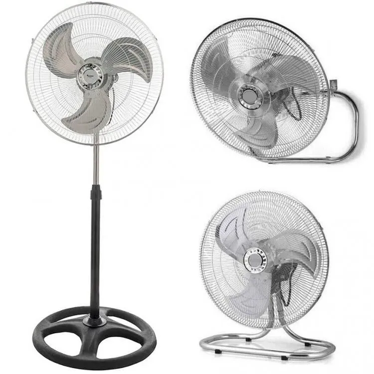 Ventilatore 3 in 1 a Piantana da Tavolo o a Parete Acciaio Cromato Base Tonda 60W Ø 52 cm