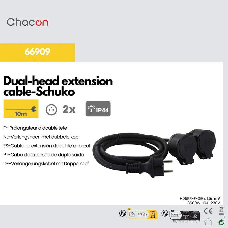 Extension cord HO5RR-F 3 x1,5mm2- IP44 Dual-Head - 10m - SCH