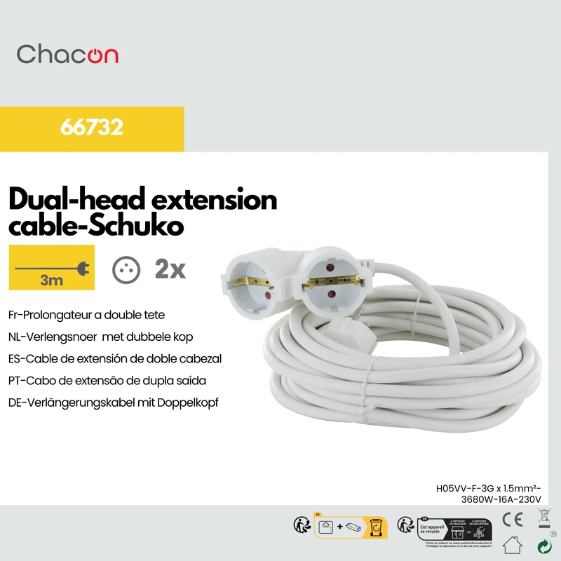 Extension cord HO5VVF 3G1,5 - 3m dual head white - SCH