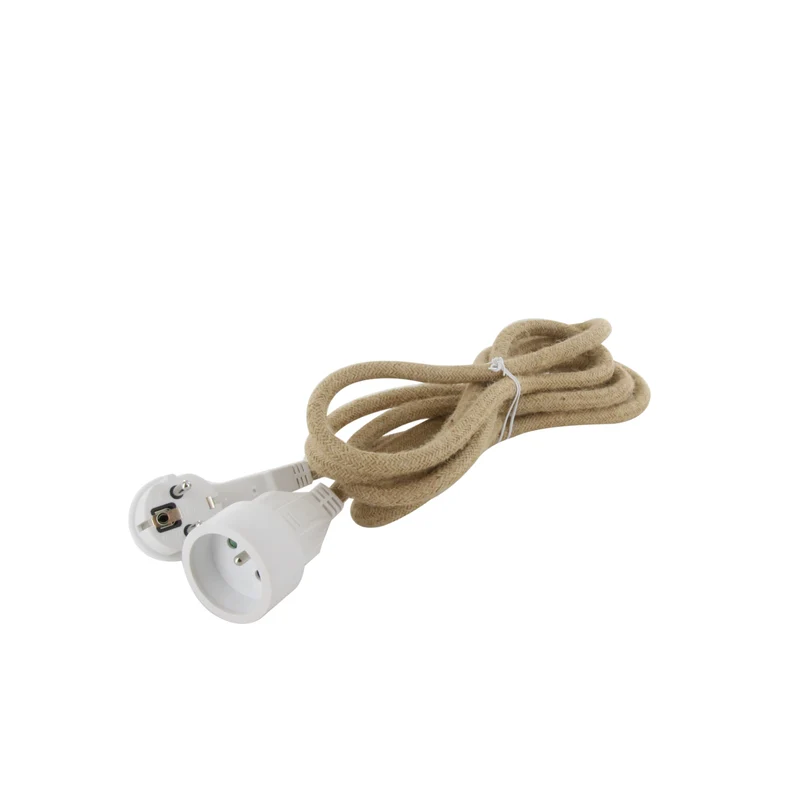 Linen textile extension cord - with white flat plug - 3m