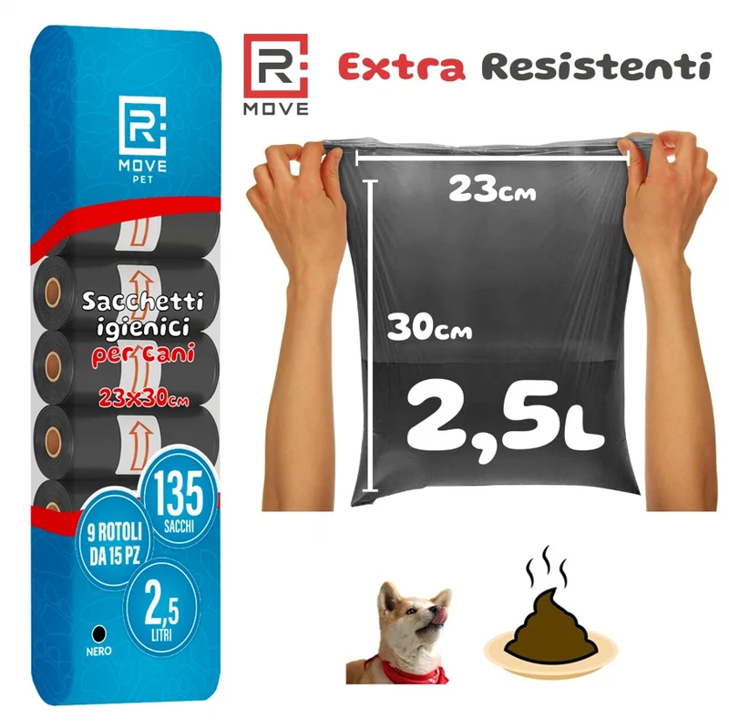 R MOVE Sacchetti Cane Cacca 135 pz (9 Rotoli) - Sacchettini Igienici Per Cani - Buste 30x23 Resistenti Dog Pets