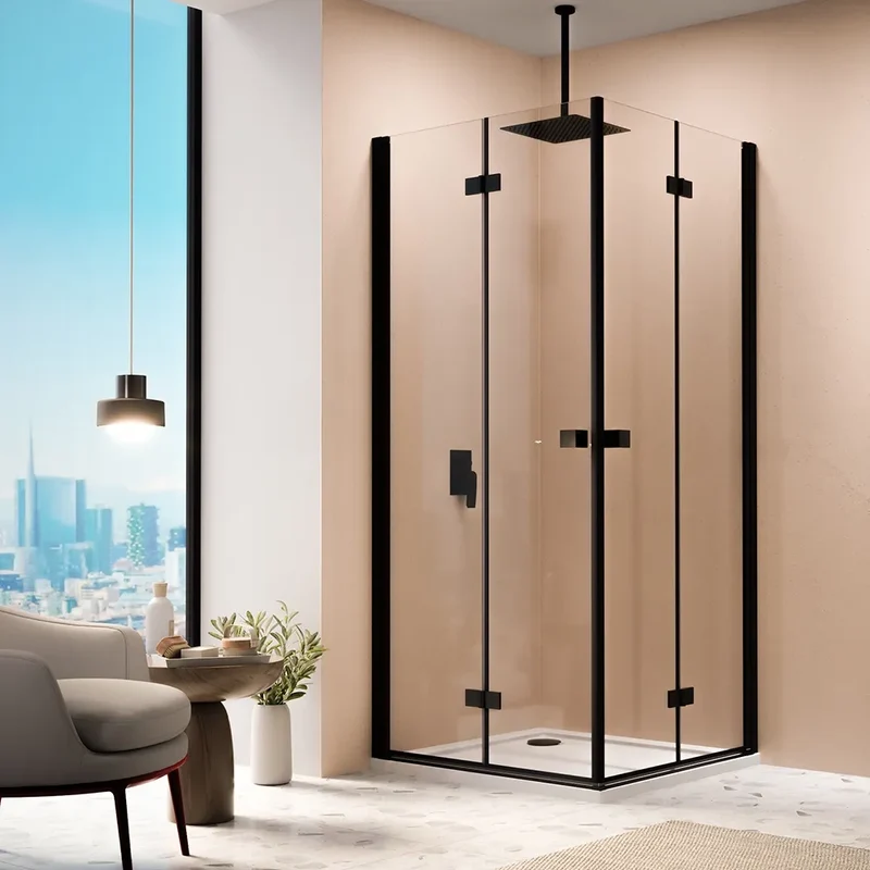 Box doccia angolare 80x100cm doppia anta a libro profili nero opaco e vetro da 8mm trasparente h195 | Fiji
