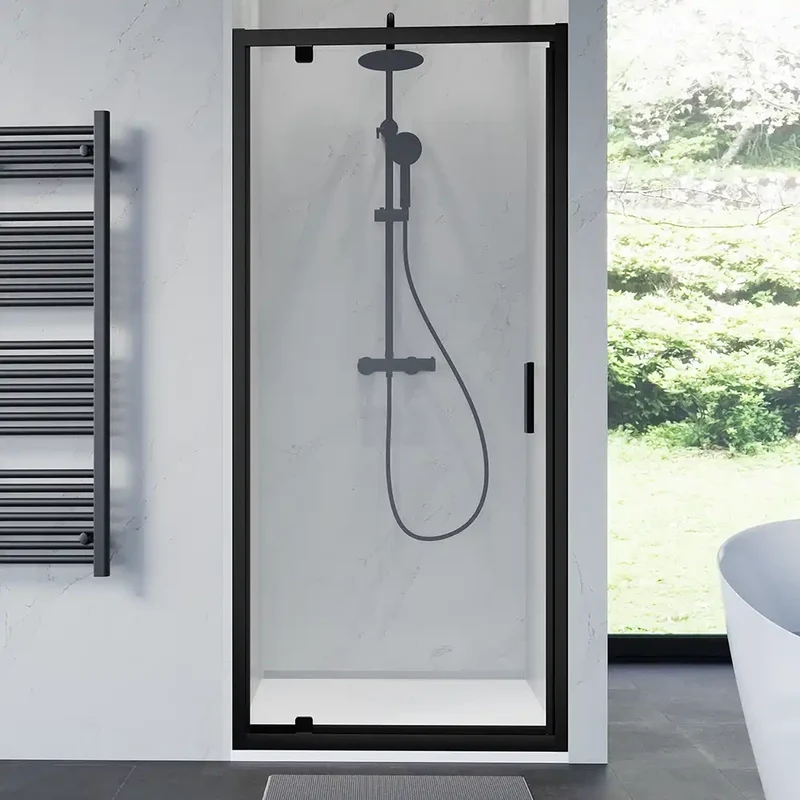 Porta doccia 100 cm apertura a battente profili neri opachi vetro trasparente | Apulia