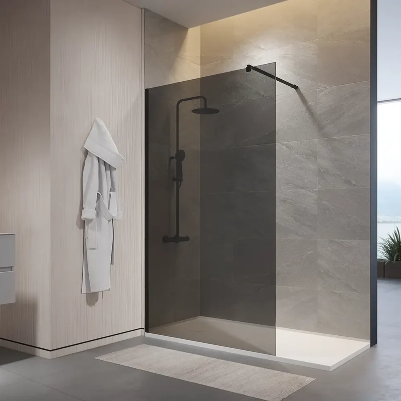 Doccia walk-in 150cm vetro temperato anticalcare 10mm fumé profili neri | Naxos