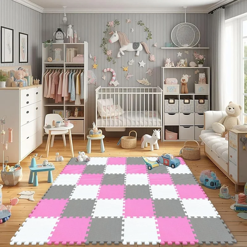 Tappeto Puzzle Antiscivolo Tappetino Multiuso per Fitness Palestra/Bambini 29,5x29,5 cm Morbido e Atossico in Gomma EVA Schiuma 30x30 Tappetone Gioco per Gattonare (18 Pezzi-Rosa/Grigio)