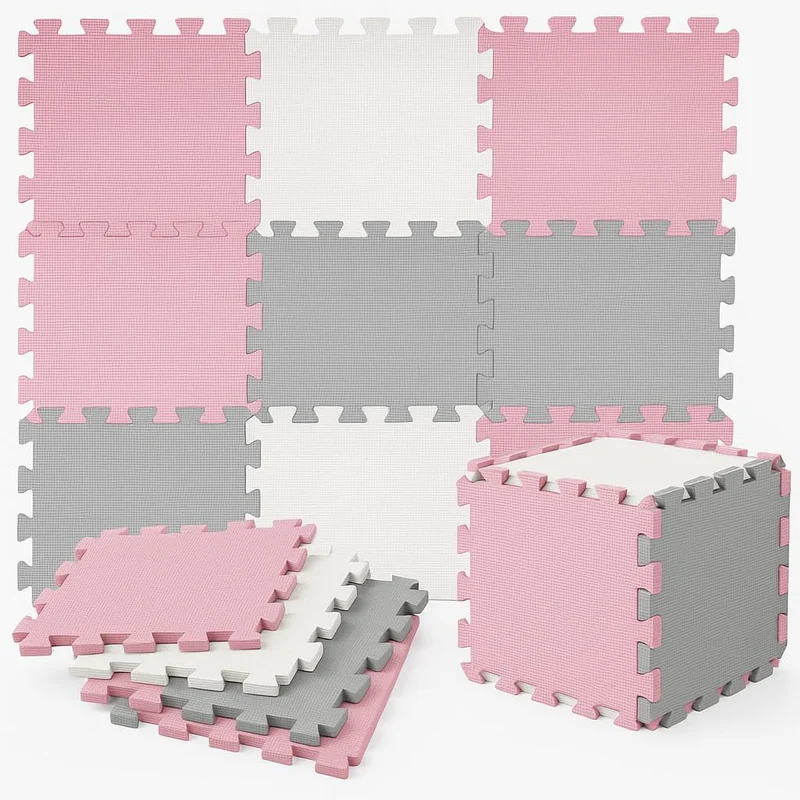 Tappeto Puzzle Antiscivolo Tappetino Multiuso per Fitness Palestra/Bambini 29,5x29,5 cm Morbido e Atossico in Gomma EVA Schiuma 30x30 Tappetone Gioco per Gattonare (9 Pezzi-Rosa/Grigio)